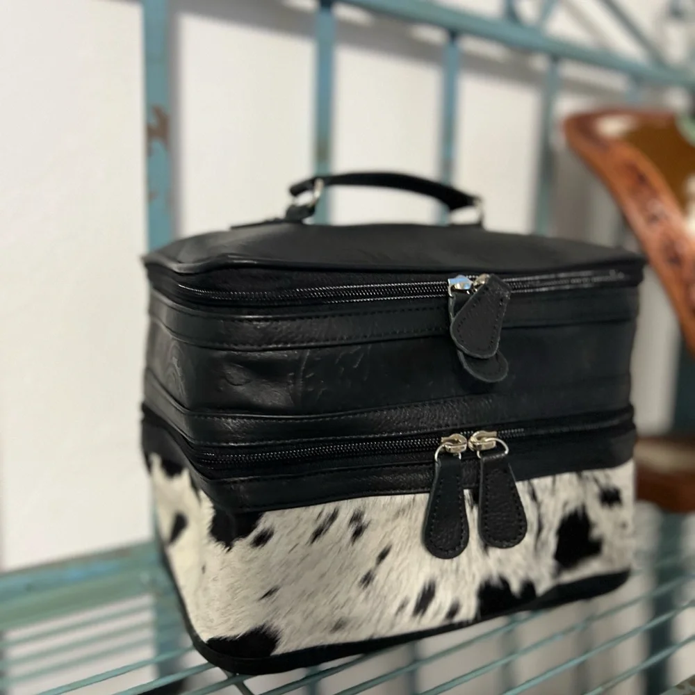 Black White Genuine Cowhide Embossed Leather Makeup Bag Travel Cosmetic Case
